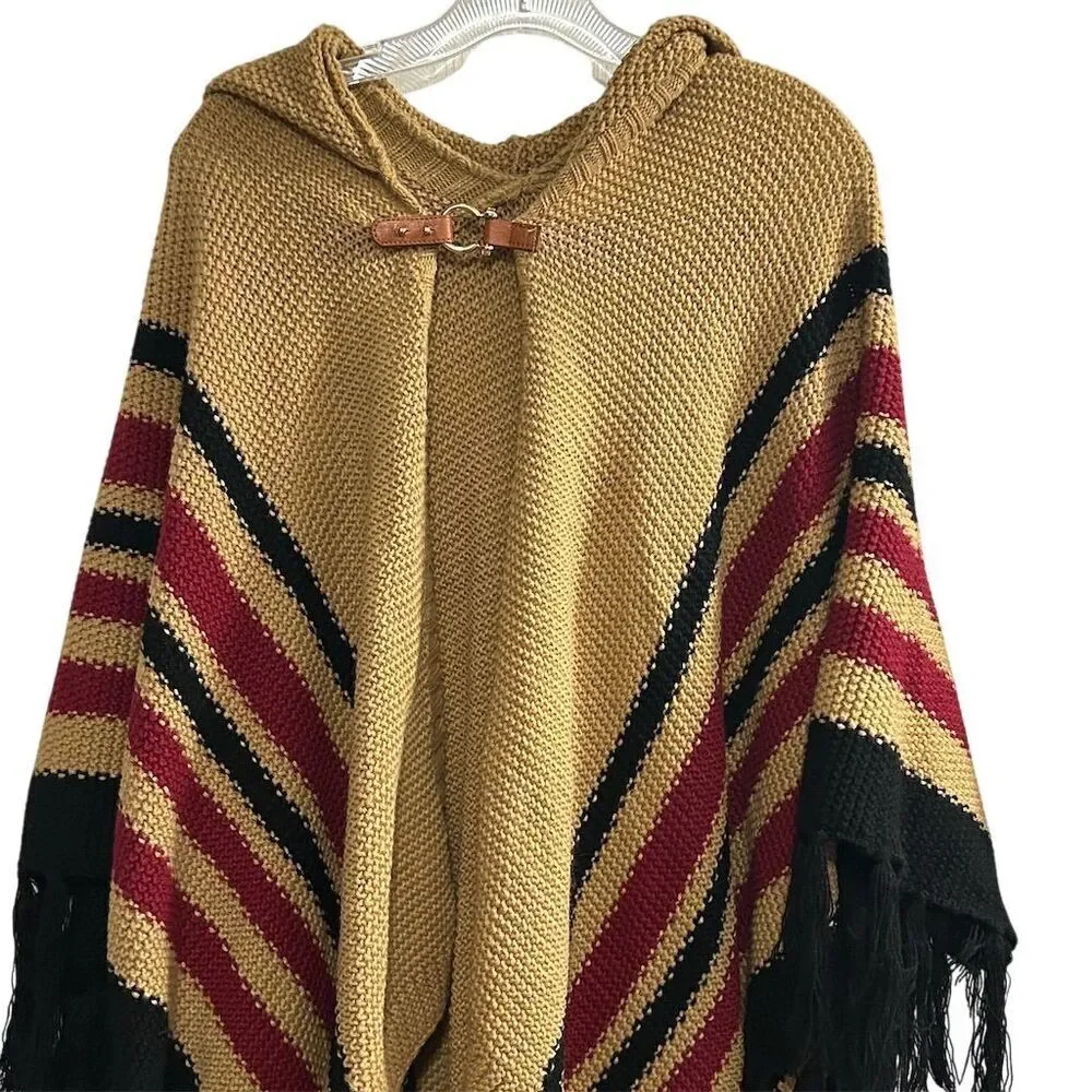 Women's Hooded Poncho Cape Brown Fringe Striped One Size‎